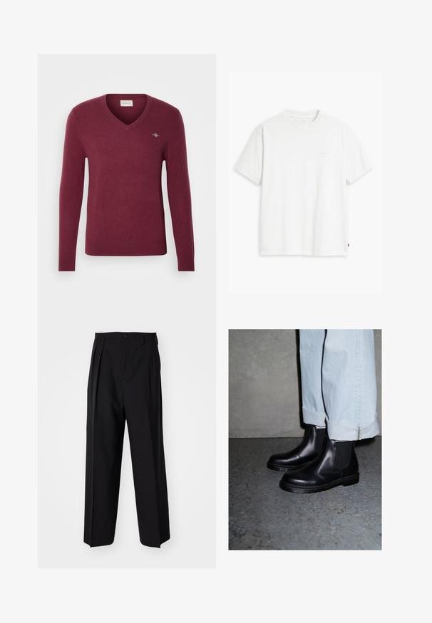 Maglione bordeaux a V con maniche lunghe, texture a maglia, vestibilità slim e un piccolo logo sul lato sinistro del petto. Tessuto morbido e polsini a coste.; T-shirt bianca in cotone con maniche corte, colletto tondo e logo Levi's discreto stampato al centro. Texture morbida e vestibilità standard.; Pantaloni neri a pieghe con un design dritto e gamba larga. Realizzati in tessuto morbido, con chiusura a bottone e passanti per cintura.; Stivaletti Chelsea in pelle nera con pannelli laterali elasticizzati e suola in gomma testurizzata, abbinati a jeans in denim blu chiaro con risvolto.