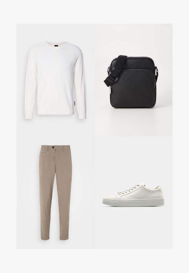 Sweater branco de mangas longas feito de um tecido suave, com decote e punhos canelados, apresentando um logotipo discreto no peito.; Calças bege de corte ajustado, com fecho de correr e um bolso frontal. Feitas de um tecido suave com uma aparência nítida.; Sapatilhas de couro branco com bico arredondado, design minimalista, atacadores cinzentos e sola de borracha cinza texturizada. Detalhes de costura subtis visíveis.; Mala crossbody preta em couro com uma superfície texturizada, apresentando um bolso frontal com fecho de correr, alça ajustável e detalhes em metal.