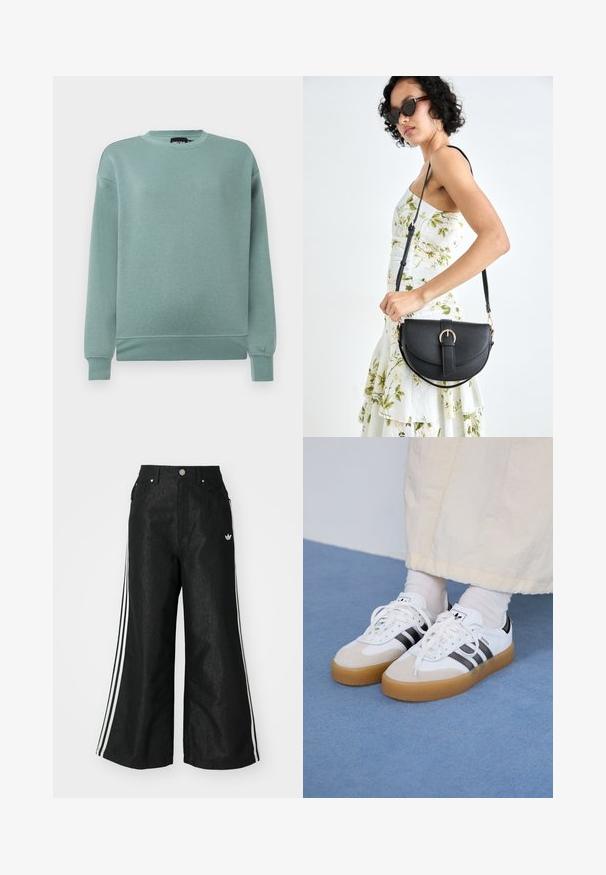 Sweatshirt verde menta feito de um tecido macio, com decote redondo, mangas longas com punhos canelados e um corte solto.; Calças de denim largas pretas com três riscas brancas em cada lado e um pequeno logótipo branco. Apresenta bolsos frontais e um fecho de botão.; Ténis brancos com riscas pretas e detalhes em camurça bege. Apresentam uma sola de borracha texturizada e atacadores brancos lisos, usados com meias de tom claro.; Bolsa de couro preta com forma curva, alça destacável e detalhes em dourado. A bolsa possui uma aba com detalhe de fivela.