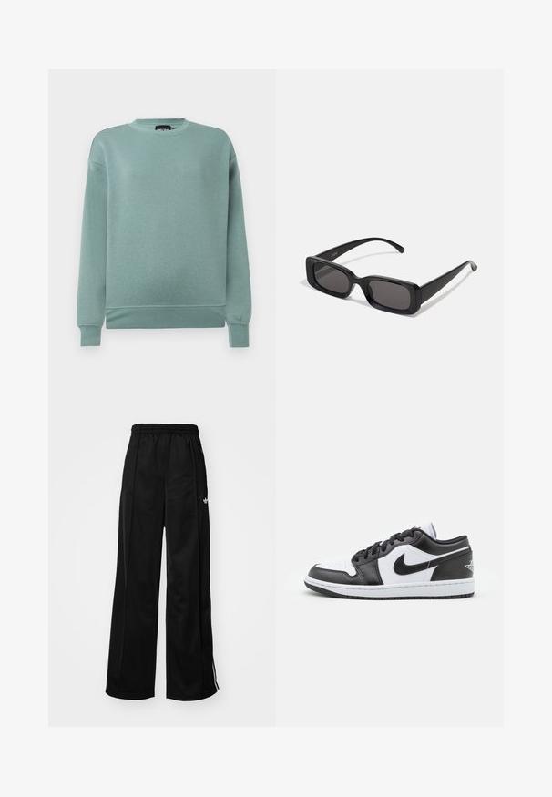 Mintgrön sweatshirt i mjukt material, med rundad halsringning, långa ärmar med ribbad mudd och en avslappnad passform.; Svarta byxor med vida ben i tracksuit-stil med elastisk midja, prydda med vita sidostråk och en liten logotyp på vänster höft. Slät tygtextur.; Svarta och vita Nike låga sneakers har en slät läderöverdel, rund tå, snörning och en mönstrad gummisula.; Svarta rektangulära solglasögon med mörka linser, glänsande yta, breda skalmar och en gedigen ramdesign. Graverat märke på ena skalmen.