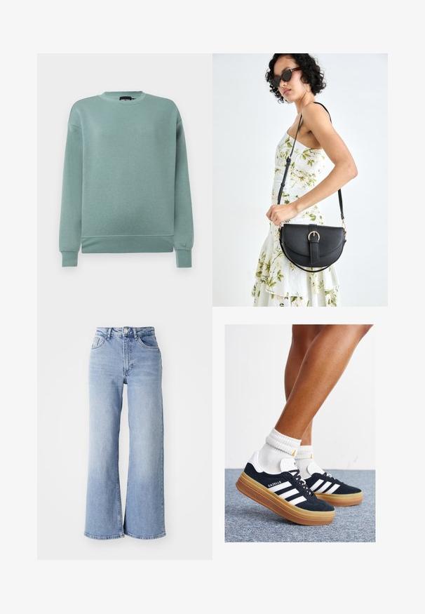 Felpa verde menta in morbido tessuto, con colletto a girocollo, maniche lunghe con polsini a coste e vestibilità rilassata.; Jeans azzurri chiari a vita alta e gamba larga, con tasche anteriori e posteriori, chiusura con bottone e leggera scoloritura sulle cosce e sui orli.; Sneakers in pelle scamosciata nera con strisce e dettagli bianchi, punta arrotondata, suola in gomma color gomme, abbinate a calzini bianchi a coste alla caviglia.; Borsa a tracolla nera in pelle con una forma curva, manico rimovibile e accessori dorati. La borsa presenta una patta con un dettaglio a fibbia.