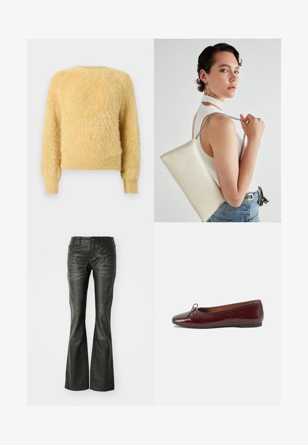 Weicher, flauschiger gelber Pullover mit langen Ärmeln, gerippten Bündchen und Saum, Rundhalsausschnitt und samtig strukturiertem Strick.; Schwarze Kunstleder-Flared-Jeans mit Fronttaschen, einem Metallknopfverschluss und einer leicht strukturierten Oberfläche. Schmaler Schnitt mit langem Bein.; Burgunderfarbenes, lackiertes Ballettschuh mit abgerundetem Zehenbereich, kleiner Schleifenakzent vorne und einer niedrigen, schwarzen Gummisohle. Glatte Textur.; Weiße rechteckige Clutch aus glänzendem Material mit einem silbernen Kettenriemen. Das Model posiert und präsentiert die Tasche vor einem schlichten Hintergrund.