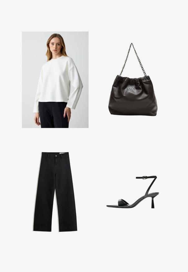 Felpa bianca con colletto rotondo e maniche lunghe, caratterizzata da sottili applicazioni di strass nella parte anteriore superiore. Texture liscia.; Pantaloni in denim neri a gamba larga con vita alta, dotati di tasche anteriori e posteriori, cuciture a punto, e chiusura con bottone. Texture liscia.; Bershka Sandali con tacco - black; Borsa in pelle marrone con parte superiore arricciata e tracolla a catena. Texture liscia con finitura lucida e dettagli di cucitura sottili sui lati.