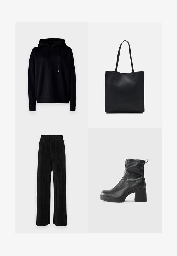 Melna kapucēta džemperis, kas izgatavots no mīksta auduma, ar brīvu piegriezumu, ribotām piedurknēm un regulējamām auklām. Gluda tekstūra bez rakstiem.; Melni plīšu bikses ar elastīgu jostu. Tām ir platākas kājas un gluda, teksturēta auduma ar vertikālām svītrām.; Melni potītes zābaki, kas izgatavoti no gludas ādas, ar sānu rāvējslēdzēju, masīvu strukturētu papēdi un noapaļotu purngalu.; Melnas ādas somiņa ar gludu tekstūru, taisnstūra formu un divām garām rokturiem. Nav redzamu aparatūras vai rotājumu.