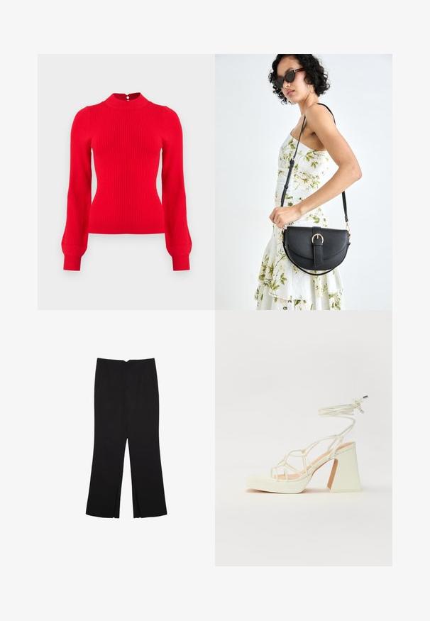 Rød ribbet sweater med høj hals, lange ærmer og knaplukning bagpå. Lavet af blødt strikket stof.; Sorte bukser med lige pasform, der har frontlommer og slidser i kanten. Lavet af blødt, glat stof. Velegnet til forskellige anledninger.; Hvide højhælede sandaler med en kraftig hæl, der har et stropdesign og ankelbinding. Glat tekstur med en platform foran for ekstra højde.; Sort læderhåndtaske med en buet form, aftagelig rem og guldfinish. Tasken har en klap med en spænde detalje.