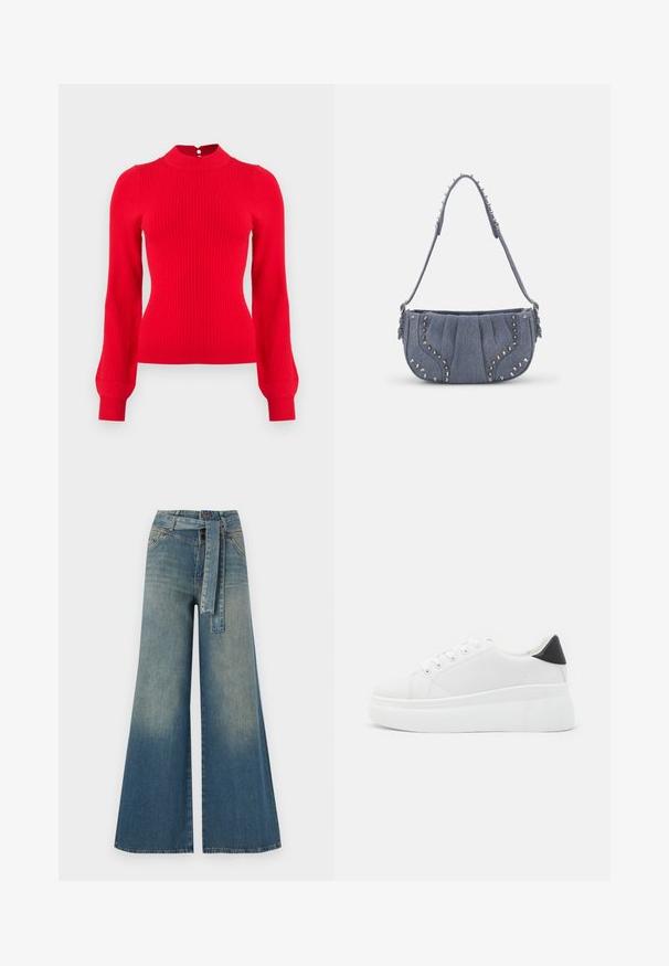 Red ribbed sweater with a high neck, long sleeves, and a button closure at the back. Made from a soft knit fabric.; Wide-leg denim trousers featuring a light to dark blue gradient, high waist, belt loops, and a matching fabric belt. Textured denim finish.; White platform sneakers made of smooth synthetic material, featuring a rounded toe, lace-up design, and a textured rubber sole. Black heel accent.; Denim shoulder bag with a pleated design, blue color, silver stud accents along the edges, and a textured strap.