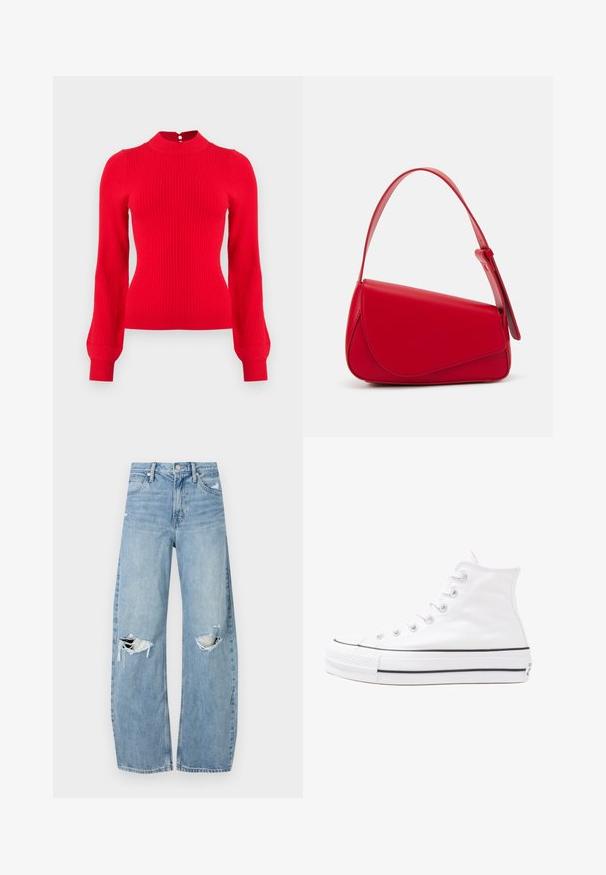 Punane ribakujuline kampsun kõrge kaelusega, pikkade varrukatega ja nupuga tagaküljel. Valmistatud pehmest kudumifabrist.; Heledad hallideega sinised teksad, millel on kõrge talje. Teksade jalgadel on lai alus, kaks rebitud kohta põlvede ümber ning klassikaline viie tasku stiil.; Valge kõrgem kangast tenniseking, millel on must kummist tald, ees kummist varvasetugi ja kuus aukku paelte jaoks, pakkudes puhta ja minimalistliku disaini.; Punane nahast käekott, millel on nurkadega geomeetriline disain. Omab ühte reguleeritavat rihma ja klappidega sulgemist, millel on õmblustega kaunistused.