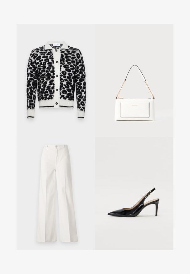 Fekete-fehér leopárdmintás kardigán texturált mintával, gombos elülső résszel, bordás mandzsettával és kontrasztos gallérral.; Fehér, bővebb nadrág, amely pamutból készült, sima textúrával. Elöl gombbal, cipzáras záródással és négy zsebes kialakítással rendelkezik.; Fekete lakk bőr kötött magassarkú cipő, hegyes orral és karcsú sarokkal, finom kivágásos dizájnnal. Az övön arany csatt található.; Fehér bőr kézitáska, texturált felülettel, arany lánccal és fekete részletekkel. Elülső zsebbel és cipzáros zárással rendelkezik.