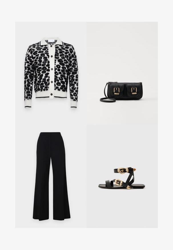 Mustvalge leopardimustriga kardigan tekstuurse mustriga, nööpidega esiosas, ribaga varrukatega ja kontrastses kraes.; Mustad laiad püksid, millel on kõrge vöökoht, sile kangas ja puhtad jooned. Pole nähtavat riistvara ega mustreid.; Mustad nahast sandaalid kuldsete pandlitega, millel on mitmed rihmad ja lame talladisain avatud varba jaoks.; Must küllastamata nahast õlakott, millel on kaks esist nähtavat taskut, kuldsed pandlad, tõmblukuga sulgemine ja peen rihm. Tekstuuriga pind ja kompaktne ristkülikukujuline kuju.