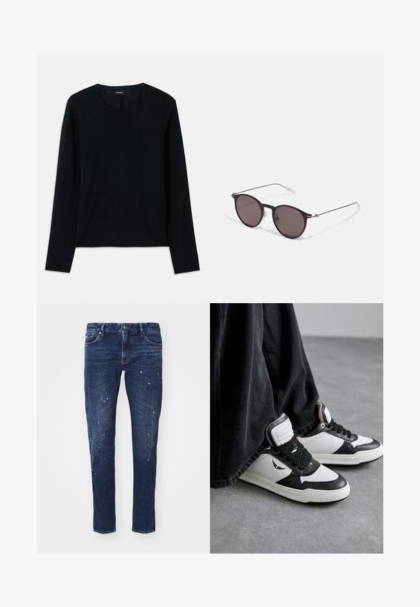 Svart langermet strikket topp med rund hals. Myk tekstur, avslappet passform, uten synlige mønstre eller detaljer.; Mørkeblå denimjeans med smal passform, som har malingsplatter, synlige sømmer og standard fem-lomme design. Rett benkutt.; Sorte og hvite høye sneakers med teksturert svart snøring, laget av lær og syntetisk materiale, med en logo på siden.; Sorte, runde solbriller med mørke linser og slanke metalarmer. Inkluderer klare temple tips og sølvfargede detaljer ved hengslet. Minimalistisk design.