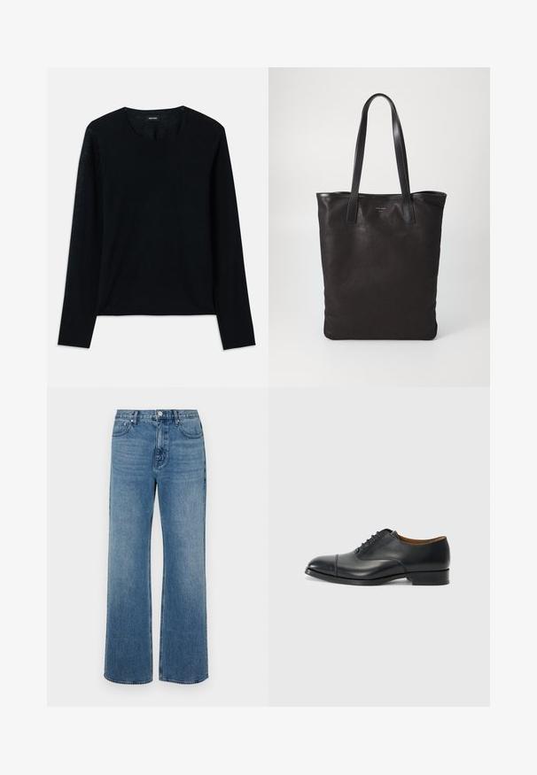 Maglia nera a maniche lunghe in maglia con scollo rotondo. Texture morbida, vestibilità comoda, senza motivi o accenti visibili.; Jeans a gamba larga blu in denim con una finitura sbiadita. Presentano cinque tasche, una chiusura con bottone frontale e una vestibilità dritta.; Scarpa da donna nera in pelle con finitura liscia, punta arrotondata, cinque passanti per i lacci e tacco basso a blocco. Design minimalista con cuciture sottili.; Borsa tote in tela nera con manici in pelle nera. Design semplice, corpo spazioso e texture liscia. Nessun logo o motivo visibile.