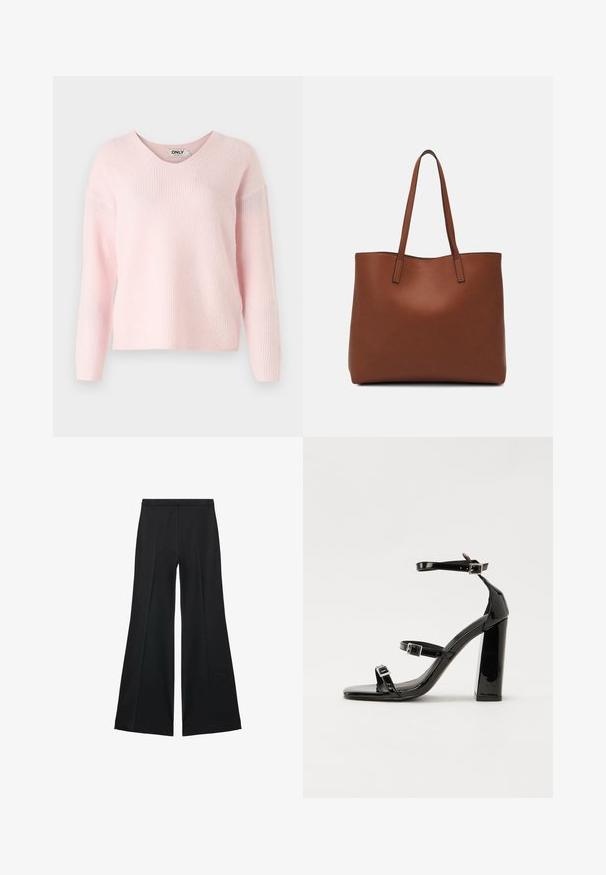 Roza pulover s V-izrezom z ribasto teksturo in dolgimi rokavi. Mehka tkanina z sproščenim silhuetom, ki vsebuje minimalno znamčenje na etiketi.; Črne široke hlače z gladko teksturo, ki imajo sprednje nabore in kroj po meri. Tkanina je lahka in zračna.; Črne lakirane sandale s peto, kvadratnim prstom, trakovi okrog gležnja in srebrnimi zaponkami. Opremljene so s stabilno Debelo peto.; Rjava usnjena torba z gladko teksturo, odprto zasnovo zgoraj in dvema naramnima trakovoma. Opremljena je z minimalnim šivanjem in brez vidnih kovinskih delov.
