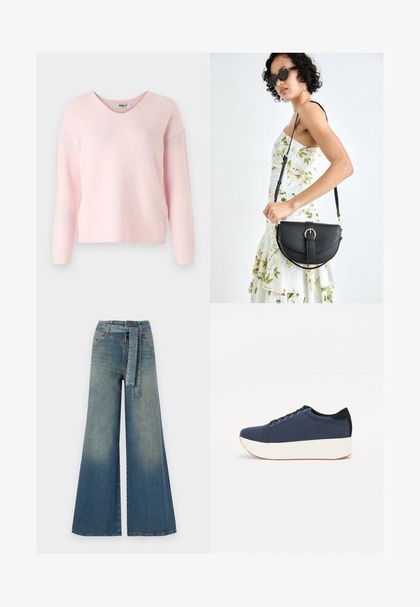 Pink v-neck sweater with ribbed texture and long sleeves. Soft material with a relaxed silhouette, featuring minimal branding on the label.; Wide-leg denim trousers featuring a light to dark blue gradient, high waist, belt loops, and a matching fabric belt. Textured denim finish.; Navy blue sneaker with a textured fabric upper, white platform sole, rounded toe, and black heel accent. Features six eyelets for laces.; Black leather handbag with a curved shape, detachable strap, and gold hardware. The bag features a flap with a buckle detail.