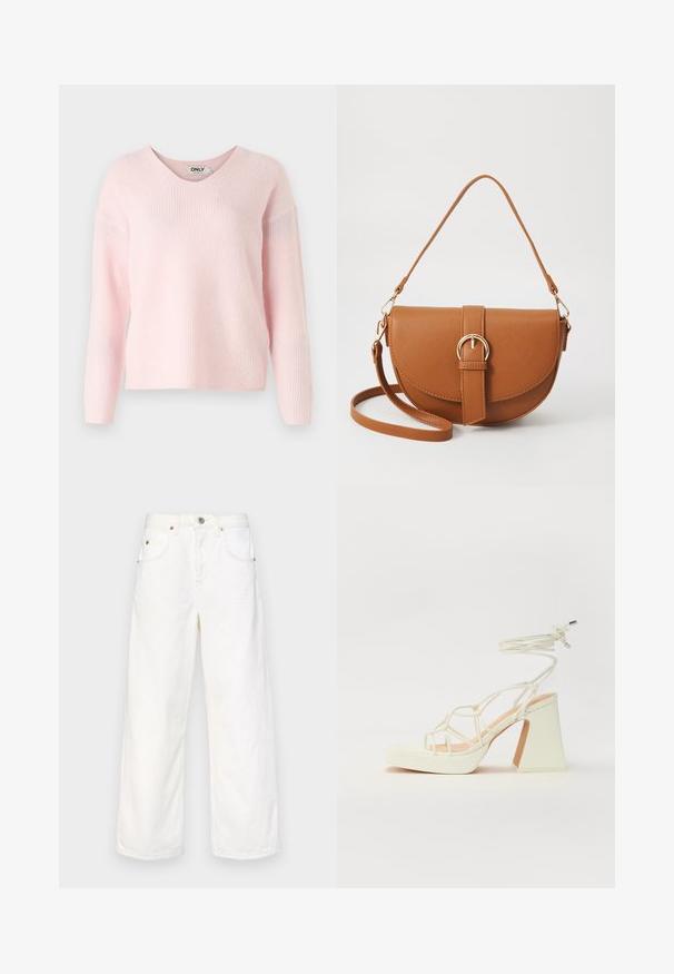 Rózsaszín V nyakú pulóver bordás textúrával és hosszú ujjal. Puha anyag, laza sziluett, minimális márkajelzéssel a címkén.; Fehér, széles szárú farmernadrág magas derékkal, két elülső zsebbel és fém díszítéssel. Tiszta vonalvezetés és minimális részletek jellemzik.; Fehér, magassarkú szandál vastag sarokkal, pántos dizájnnal és bokapánttal. Sima textúra, elülső platformmal a megnövelt magasság érdekében.; Barna bőr keresztbody táska ívelt formával, aranyszínű fémrészekkel és csat díszítéssel. Levehető vállpánttal rendelkezik.