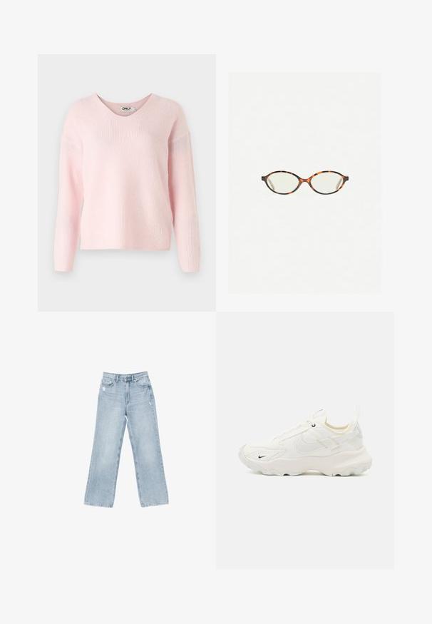 Rosa V-Ausschnitt-Pullover mit geripptem Design und langen Ärmeln. Weiches Material mit lockerer Passform, das minimalistische Markenkennzeichnungen auf dem Etikett aufweist.; Hellblaue Jeans aus Denim mit weiter Beinform, mit Used-Details, fünf Taschen und einem Reißverschluss.; Weiße Sportschuhe mit einem strukturierten Mesh-Obermaterial, runder Zehenkappe, hervorgehobenem Sohlenprofil und einem kleinen schwarzen Swoosh-Logo. Helle beige Akzente und Schnürsenkel.; Schildpatt-Eyegläser mit ovalen Gläsern und einer eleganten, glatten Oberfläche. Mit dünnen Seiten und einer subtilen Kurve an den Schläfen. Klare Gläser.