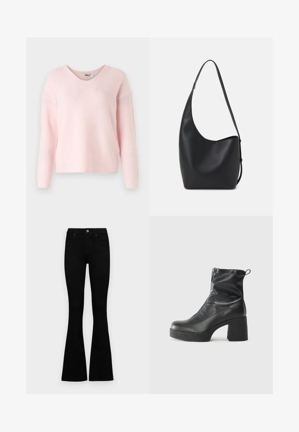 Pullover roz cu decolteu în V, cu textură ribbată și mâneci lungi. Material moale cu o siluetă relaxată, având brand minimal pe etichetă.; Jeans negri cu talie înaltă, cu închidere prin nasture și fermoar, buzunare frontale și picioare evazate, așezați pe un fundal alb.; Bocanci negri de glezna din piele netedă, cu fermoar lateral, toc texturat și masiv, și design cu vârf rotund.; Geantă hobo din piele neagră, cu o textură netedă, formă curbată și un singur bretele ajustabil; are o deschidere largă în partea de sus.