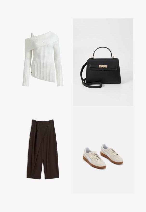 Weißes, geripptes Oberteil mit schulterfreiem Design, langen Ärmeln, strukturiertem Stoff, asymmetrischem Saum und dekorativem Riemen-Detail.; Dunkelbraune, weite Hosen mit hohem Bund, die über einen einzigen Knopfverschluss und eine gefaltete Vorderseite verfügen. Hergestellt aus leichtem Stoff.; Beige Wildleder-Sneaker mit weißen Lederakzenten und braunen Gummisohlen. Sie verfügen über eine runde Zehenpartie, Schnürsenkel und ein goldenes Logo an der Seite.; Schwarze Lederhandtasche mit strukturiertem Design, Obergriff, abnehmbarem Schulterriemen und goldfarbener Hardware. Verfügt über einen vorderen Schnappverschluss.