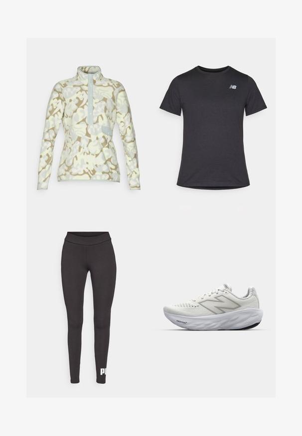 Pulover din fleece în galben deschis și model camuflaj bej, având un guler înalt, placket cu butoane și un buzunar pe piept cu clapetă.; Tricou scurt cu mânecă neagră, fabricat dintr-un material moale, având un mic logo gri New Balance pe pieptul din stânga sus, cu un design clasic de gât.; Colanți negri dintr-un material elastic, cu un talie înaltă și un logo alb imprimat pe piciorul din stânga jos. Textură netedă.; Pantofi sport albi cu un upper din plasă, având o guleră căptușită, o talpă texturată și marca "Fresh Foam" pe midsole.