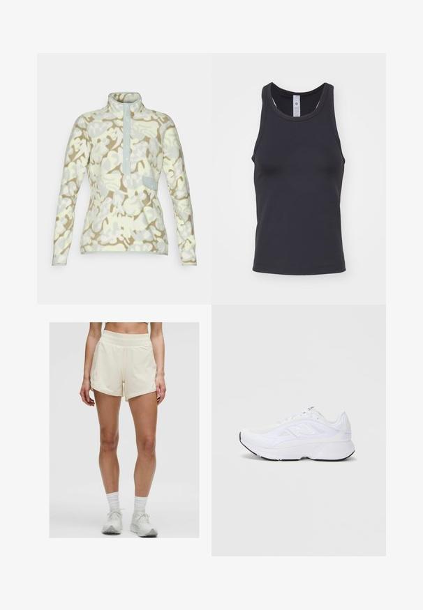 Soehe soehe helekollane ja beež camo mustriga, mis sisaldab kõrget kaelust, nööpidega avamist ja rindade taskut klapiga.; Musta sporditop pehmest ja venivast kangast. Omab ümarat kaeluseava ja laiad õlapaelad, mis on mõeldud tihedaks istuvuseks.; Kreemikaalused sports lühikesed püksid, millel on veniv vöökoht ja küljetaskud. Kanga tekstuur näeb välja sile ja kerge, sobides aktiivseks kandmiseks.; Valge spordijalats, millel on võrkpinna ülemine osa, polsterdatud kaelus ja tekstureeritud tald. Küljel on hõbedane logo ning stiilne ja kaasaegne disain.