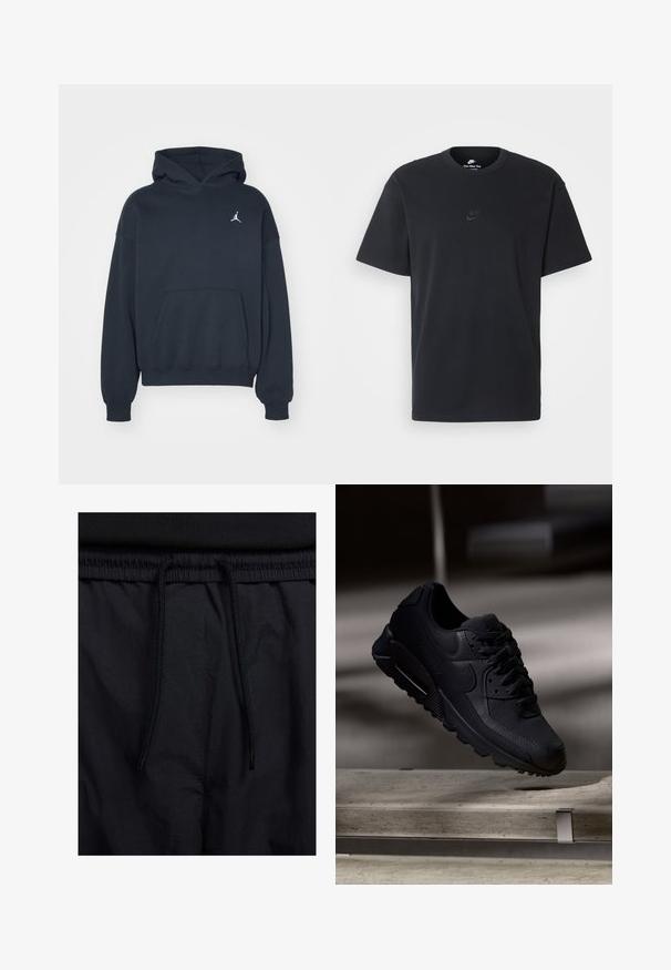 Black hoodie made of cotton with a kangaroo pocket, relaxed fit, and a small white Jumpman logo on the left chest area.; Nike black cotton t-shirt with a classic crew neck, short sleeves, and a subtle, embossed logo on the chest. Smooth texture.; Black shorts featuring a drawstring waistband, lightweight fabric with a smooth texture, and a simple design without visible logos or patterns.; Black Nike Air Max 90 sneaker featuring a textured mesh upper, smooth leather accents, padded collar, and visible air cushioning in the sole.