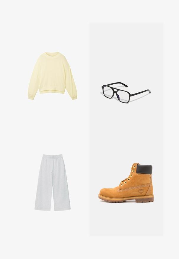 TOM TAILOR Maglione - gelb; Pantaloni a gamba larga grigio chiaro realizzati in un morbido tessuto con cintura elastica. Il design presenta una vestibilità ampia per comfort e facilità di movimento.; Stivale alla caviglia in pelle marrone con imbottitura nera, occhielli dorati e suola texturizzata. Presenta un logo circolare su un lato e dettagli di cucitura.; Occhiali nere rettangolari con lenti trasparenti e una leggera sfumatura viola, dotati di steli eleganti e di un design minimalista.