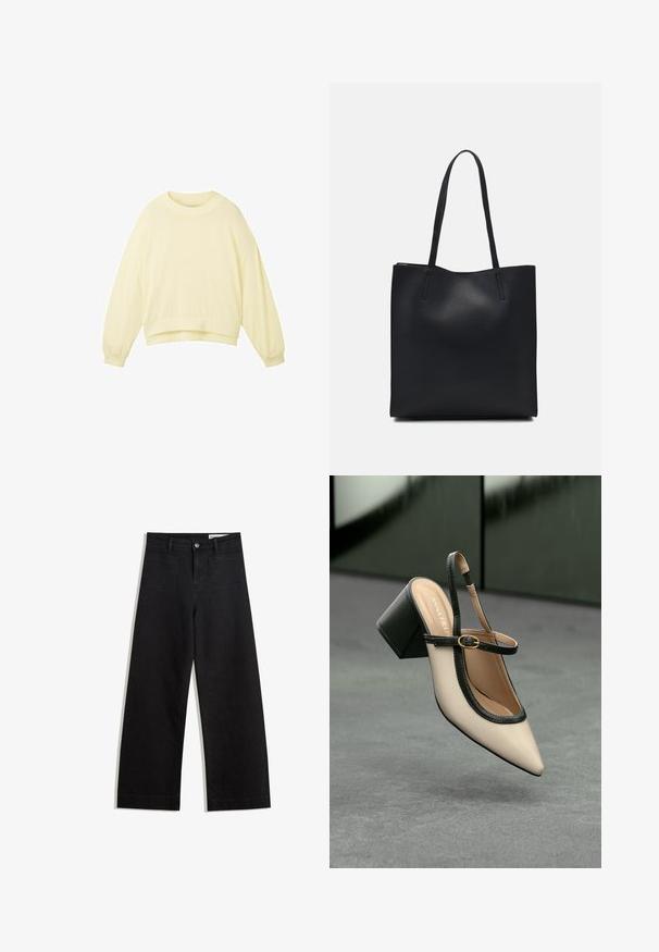 TOM TAILOR Neule - gelb; Mustat leveät farkut korkealla vyötäröllä, joissa on etu- ja takataskut, ommellut saumat ja nappisuljenta. Silkinoinen rakenne.; Beige slingback-kengät, joissa on musta reuna, kultahakas, ja paksu lohkoheel, harmaalla lattialla tummanvihreää taustaa vasten.; Mustapahkainen kangaskassi, jossa on sileä pinta, suorakaiteen muotoinen ja kaksi pitkää kahvaa. Ei näkyvää metalliosaa tai koristeita.