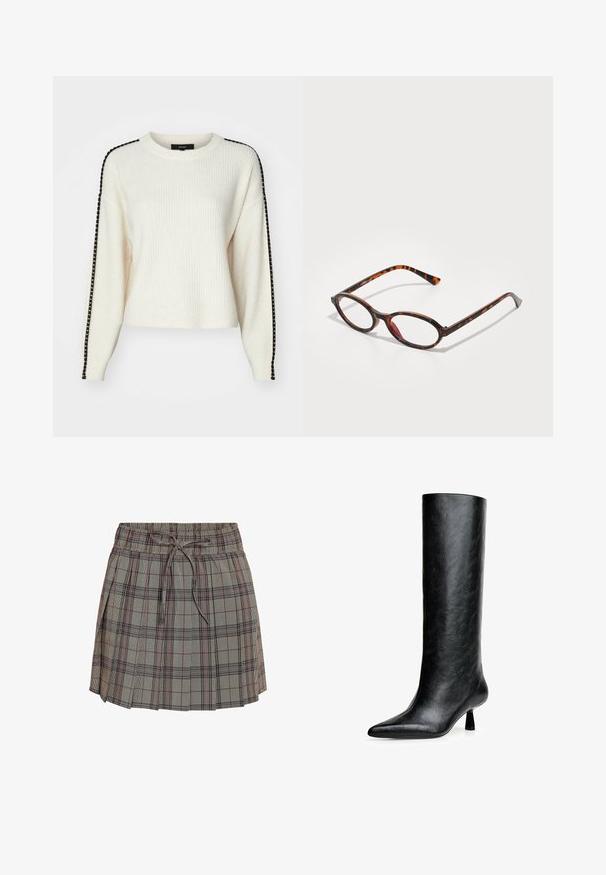 Vero Moda VMZORA O NECK - Pulover - birch; Karirana krila z elastičnim pasom in nastavljivo vrvico. Ima svetlo sivo osnovo s črnimi in rdečimi kockastimi vzorci.; Črne gležnjeke do kolen, narejene iz strukturirane usnje. Imajo koničast toe in majhen, razširjen peto. Eleganten, gladek dizajn z minimalnimi poudarki.; Kornjačaste sončne očala z ovalnimi lečami, ki imajo temen okvir z svetlimi in temnimi rjavimi vzorci ter drobnimi, ukrivljenimi nogicami.; Črna usnjena torba za ramena s ukrivljeno silhueto, ki ima zlat trak in gladko, sijočo površino.