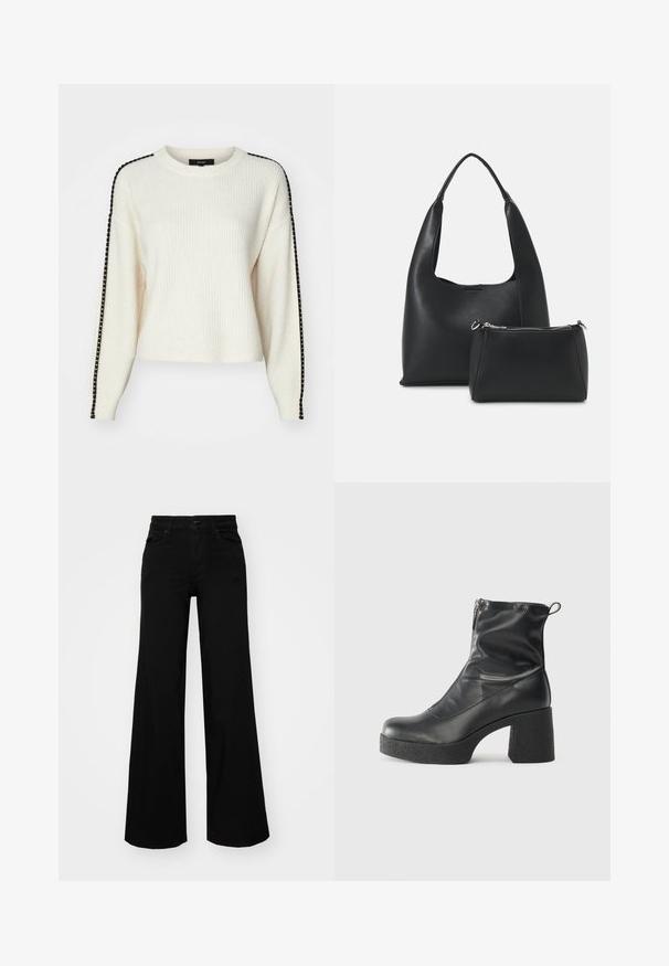 Vero Moda VMZORA O NECK - Pulover - birch; Črne široke denim hlače s strukturiranim pasom, z zankami za pas in sprednjimi žepi. Gladka tekstura s klasičnim dizajnom.; Črne gležnjarje iz gladke kože z božnim zadrgo, masivnim teksturiranim peto in zaobljeno obliko prstov.; Even&Odd Torbica - black