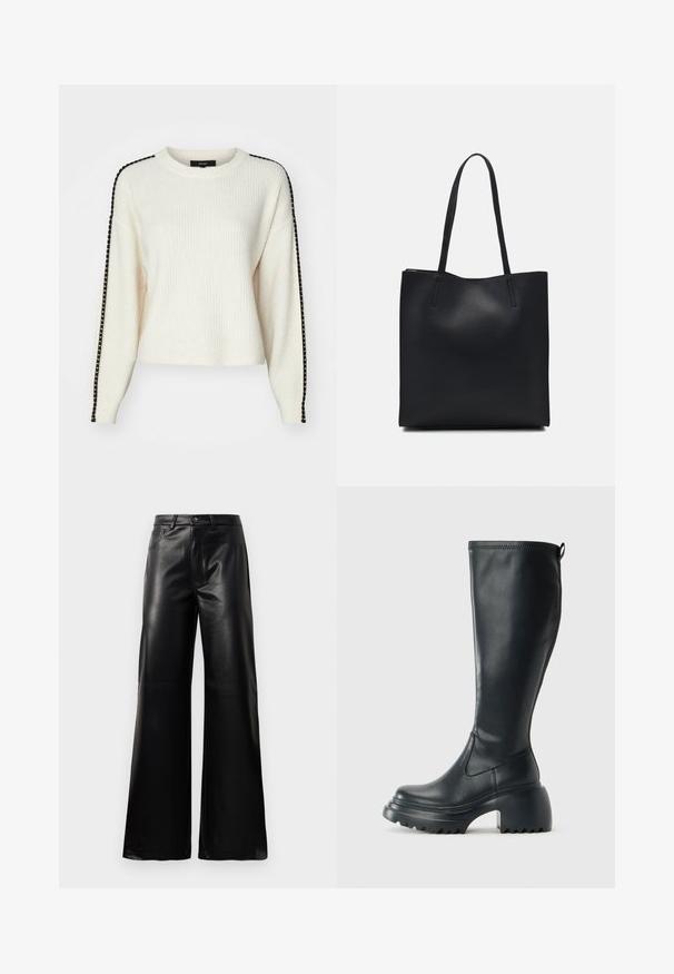 Vero Moda VMZORA O NECK - Strickpullover - birch; Schwarze leichte, weit geschnittene, hochtaillierte Kunstlederhose mit vorderem Knopf, Reißverschluss, Gürtelschlaufen und Seitentaschen auf weißem Hintergrund.; Hoher schwarzer Lederstiefel mit einer robusten Plateausohle und Blockabsatz, der über eine Zuglasche und ein strukturiertes Profil an der Außensohle verfügt.; Schwarze Laptoptasche aus Leder mit glatter Textur, rechteckiger Form und zwei langen Griffen. Keine sichtbaren Beschläge oder Verzierungen.