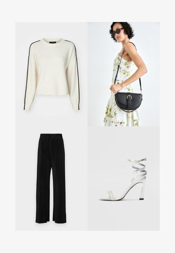 Vero Moda VMZORA O NECK - Džemperis - birch; Melni plīšu bikses ar elastīgu jostu. Tām ir platākas kājas un gluda, teksturēta auduma ar vertikālām svītrām.; Sudrabaini augstpapēžu sūna ar spīdīgu siksnu dizainu, kurā ir pērlēm līdzīgs akcents un spirālveida potītes siksna drošai pieguvei.; Melnas ādas rokassoma ar izliekta formu, noņemamu siksnu un zelta aksesuāriem. Somai ir vāciņš ar sprādzes detaļu.