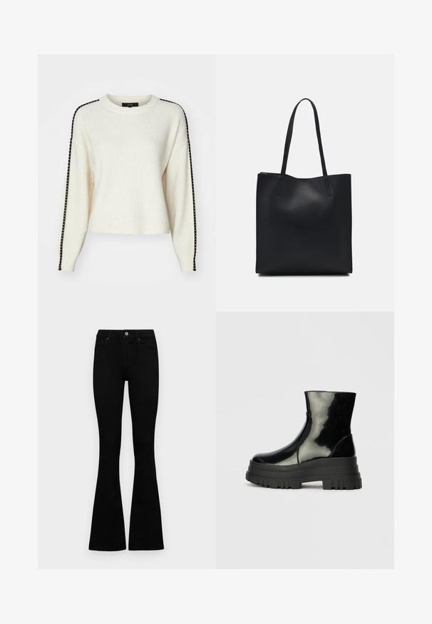 Vero Moda VMZORA O NECK - Džemperis - birch; Juodos aukšto liemens džinsai su mygtuku ir užtrauktuku, priekinėmis kišenėmis ir platėjančiomis kojomis, išdėstyti ant baltos fono.; Juodas blizgus kulkšninis botas su storu iškilniu padu ir apvaliu pirštu, šoninis vaizdas ant vientiso šviesiai pilko fono.; Juodas odinis tote krepšys su lygia tekstūra, stačiakampio formos ir dviem ilgais rankenomis. Matomų metalinių detalių ar puošybos nėra.