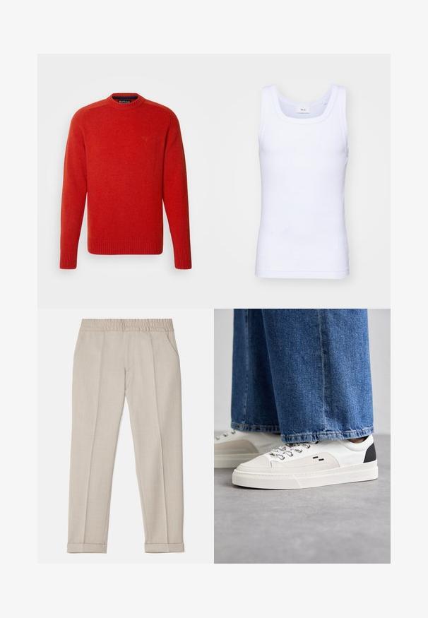 Roter Strickpullover mit gerippten Bündchen und Saum, runder Ausschnitt und subtilen Logodetails auf der Brust. Hergestellt aus weichem Wollmischgewebe.; Weißes Baumwoll-Top ohne Ärmel mit rundem Ausschnitt, ausgestattet mit einer glatten Textur und einer figurbetonten Form, ideal für die Freizeit.; Filippa K TERRY CROPPED TROUSERS - Stoffhose - sage melange; Weiße und schwarze Sneaker mit einem Obermaterial aus glattem Leder, strukturierten Akzenten und einer massiven weißen Sohle. Verfügt über ein klassisches Schnürdesign.