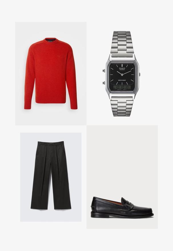 Piros kötött pulóver bordás mandzsettákkal és hempergővel, kerek nyakkivágással és diszkrét logóval a mellkasán. Puha gyapjú keverékből készült.; Fekete, bő szárú nadrág sima textúrával, két elülső zsebbel és enyhén megemelt derékkal.; Fekete bőr mokaszin lekerekített orral, varrott részletezéssel és díszes pánttal az elején. Lapos talp minimalista profilal.; Ezüst rozsdamentes acél kvarcóra fekete, téglalap alakú számlappal, analóg mutatókkal, digitális kijelzővel és vízállósági jelöléssel.
