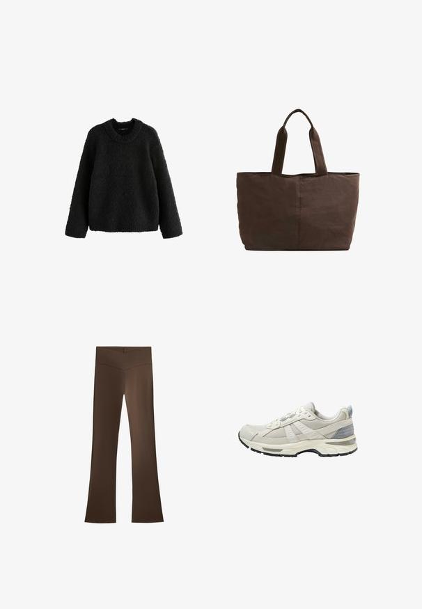 Next BOUCLE CREW NECK - Maglione - black; Pantaloni a zampa d'elefante marroni con una vita alta caratterizzati da un design incrociato. Realizzati in un materiale liscio e elasticizzato per comfort e vestibilità.; Scarpa sportiva beige con tomaia in mesh testurizzato e dettagli lisci. Presenta una suola ammortizzata, punta rinforzata e suola esterna in gomma nera.; Borsa a tracolla in tessuto marrone con due manici robusti, forma rettangolare, dettagli di cucitura minimi e una texture liscia.