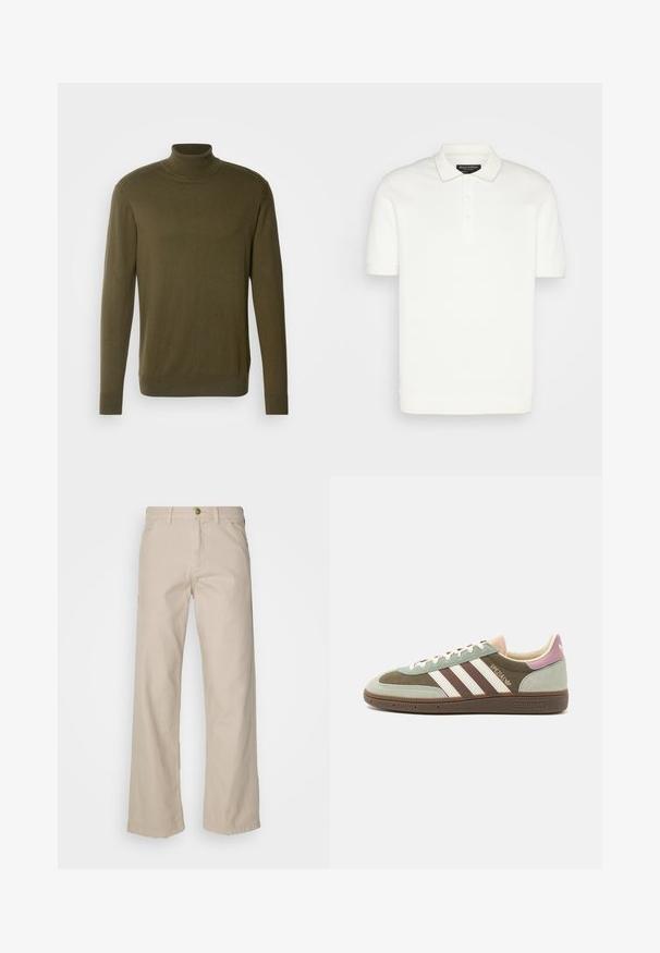 Olivgrüner Rollkragenpullover aus glattem, leichtem Stoff; mit langen Ärmeln und gerippten Bündchen und Saum.; Weißes Polohemd, kurze Ärmel, klassischer Kragen, Dreiknopf-Leiste, weiche Textur, gerippte Bündchen und Saum, minimalistisches Design ohne Muster.; Beige Baumwollweite Hosen mit fünf Taschen, einem Knopfverschluss und Gürtelschlaufen; glatte Textur mit geradem Schnitt und Saum.; Wildleder- und Textilsneaker in grün, braun und beige mit drei weißen Streifen. Besitzt einen hellrosa Akzent an der Ferse und eine strukturierte Laufsohle.