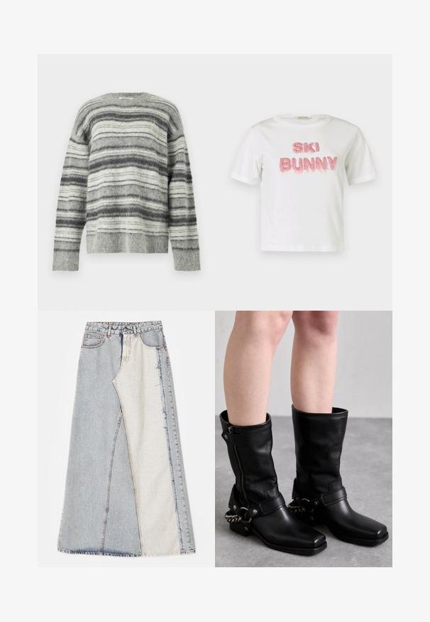 Grijs gestreepte trui gemaakt van zacht, pluizig materiaal. Heeft horizontale strepen in verschillende tinten grijs en wit. Ronde hals, lange mouwen.; Witte katoenen T-shirt met daarop "SKI BUNNY" in roze reliëfletters van imitatiebont. Korte mouwen en een ronde hals.; Denim rok met een patchworkontwerp bestaande uit lichte en middelblauwe secties, rafelige zomen en een hoge taille. Klassiek vijf-pocket model.; Zwarte leren laarzen tot de knie met een vierkante neus, zijrits en verstelbare band met een metalen kettingaccent. Matte afwerking en stevige zool.
