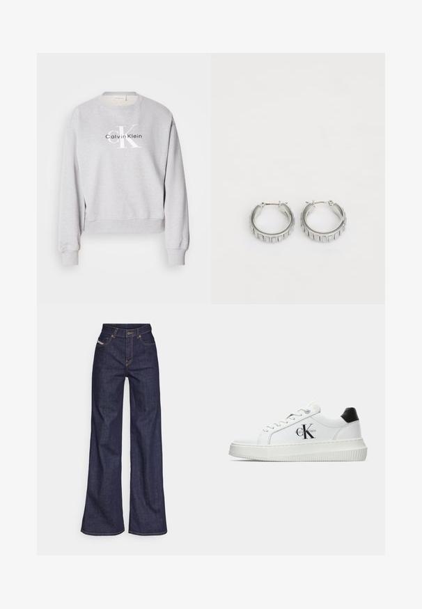 Szürke pulóver kerek nyakkal, hosszú ujjú és bordás mandzsettával. Nyomtatott logóval rendelkezik: "Calvin Klein" és "cK" fekete-fehér színben.; Sötétkék, bő szárú farmernadrág, magas derékkal, narancssárga varrással, öt zsebes kialakítással és gombos zárással.; Fehér alacsony szárú edzőcipő fekete saroktabbal, platform talppal, fűzőkkel és Calvin Klein "CK" logóval az oldalán.; Ezüst fülbevalók, texturált mintával, függőleges barázdákkal. Kerek forma, biztos záródással. Sima felület.