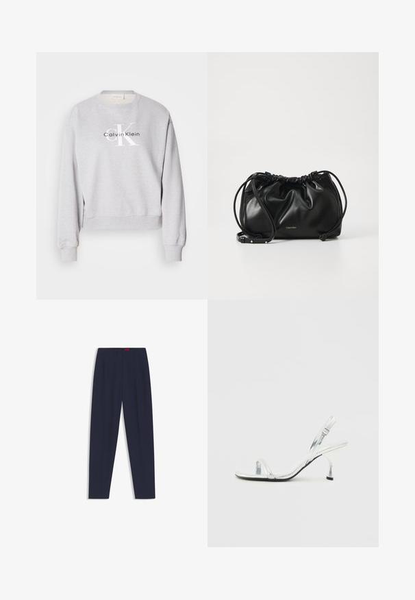 Szary sweatshirt z okrągłym dekoltem, długimi rękawami i ściągaczami na mankietach. Posiada nadrukowane logo: "Calvin Klein" oraz "cK" w czerni i bieli.; Granatowe, dopasowane spodnie o gładkiej fakturze, z przodu z plisami i bocznymi kieszeniami. Prosta nogawka i brak widocznych ozdób.; Srebrne lakierowane sandały na wysokim obcasie typu slingback z wąskim paskiem na palcach, regulowanym zapięciem i smukłym obcasem.; Czarna skórzana torebka z marszczonym wzorem, podwójnym zapięciem na sznurki oraz odpinanym paskiem na ramię. Posiada metalowy detal z logo.