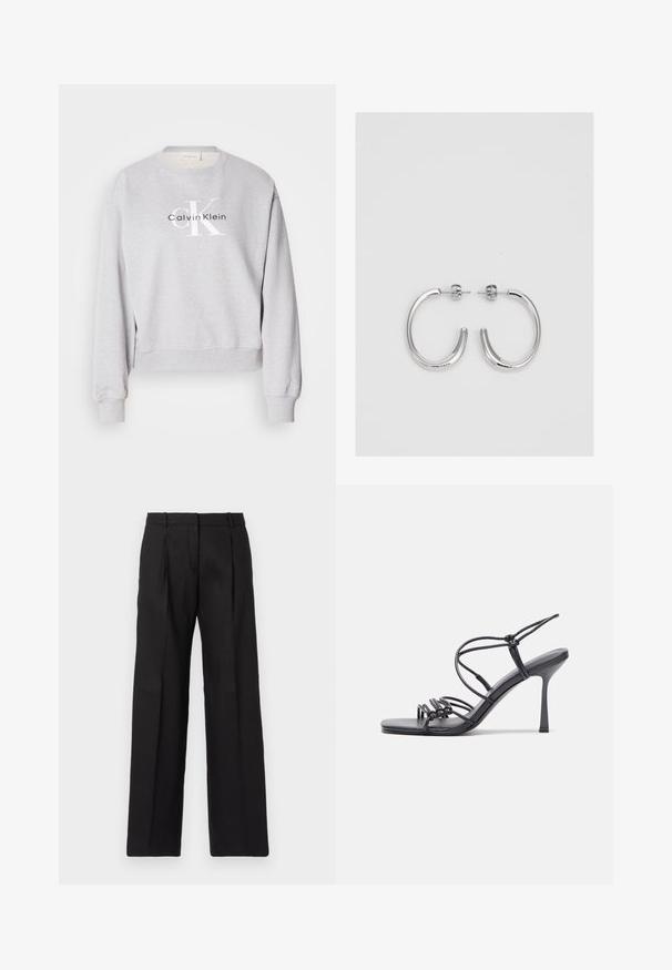 Pelēks sporta krekls ar apaļu kakla izgriezumu, garām piedurknēm un ribu aprocēm. Ar apdrukātu logotipu: "Calvin Klein" un "cK" melnbaltā krāsā.; Melnas piegriezuma bikses ar taisnām kājām, ar izteiktām krokām un gludu tekstūru. Izgatavotas no viegla auduma.; Melnas augstpapēžu sandales ar plāniem siksniņām un mezgla dizainu, gluda kvadrātveida purngalu un elegantu stiletto papēdi.; Sudraba riņķveida auskari ar gludu, spīdīgu apdari. Apaļas formas, viegla dizaina, ar aizdari uz stieples.