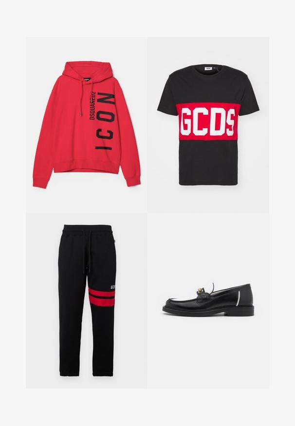 Red hoodie featuring a front kangaroo pocket, drawstring hood, and oversized black text graphic, branded "DSQUARED2 ICON" on the side.; GCDS BAND LOGO REGULAR - Print T-shirt - black; Black sweatpants with contrast red stripes and logo on the side. Features an elastic waistband with drawstring and tapered ankle cuffs.; Black leather loafer with a rounded toe, white accents, and gold hardware on the vamp. Features a textured patch and stacked heel.