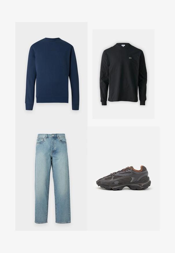 Mornarsko plava majica s okruglim izrezom, rebrastim manšetama i rubom. Na prsima ima diskretan logo u istoj boji. Glatka tekstura tkanine.; Crna majica dugih rukava od pamuka, s okruglim izrezom i malim zelenim izvezenim logotipom krokodila s lijeve strane prsnog dijela.; Svijetloplavi traperice s opuštenim krojem, ravnim nogavicama, dizajnom s pet džepova i kopčanjem na gumbe u struku. Minimalistički detalj šivanja.; Lacoste tenisice u tamno sivoj boji s mrežastim i sintetičkim materijalom, s teksturiranom potplatom i smešnim akcentima na ovratniku i brandiranju.
