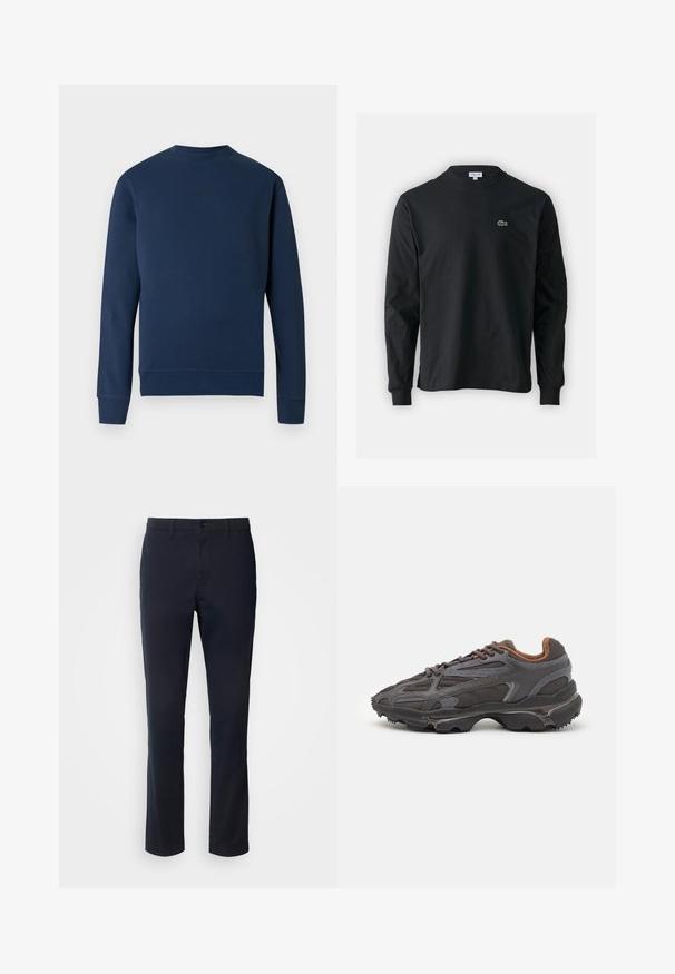 Navy blue sweatshirt with a round neck, ribbed cuffs, and hem. Features a subtle logo at the chest in a matching color. Smooth fabric texture.; Black long-sleeve t-shirt made of cotton, featuring a round neckline and a small green embroidered crocodile logo on the left chest.; Navy blue trousers made of smooth fabric, featuring a straight leg design, belt loops, and a button closure with a zip fly.; Lacoste sneakers in dark gray with mesh and synthetic material, featuring a textured sole and brown accents on the collar and branding.