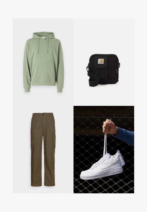 Sweatshirt com capuz em mistura de algodão de cor verde clara, apresentando mangas compridas, um bolso frontal e cordão para ajuste.; T-shirt branca de algodão com mangas curtas, decote redondo e um corte solto. Textura suave sem padrões ou detalhes visíveis.; Calças cargo em verde oliva, feitas de um tecido resistente. Apresentam dois bolsos laterais, uma cintura padrão e um corte de perna reta.; Sapatilhas de couro branco com perfurações, biqueira redonda, sola plana e atacadores grossos, apresentando um logotipo swoosh visível e "AIR" no calcanhar.; Bolsa transversal preta com um compartimento principal com fecho éclair, bolso frontal, alça ajustável e um logotipo visível na aba.
