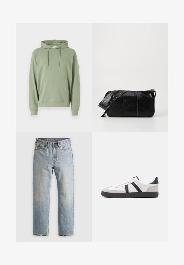 Hooded dukserica od svijetlozelene mješavine pamuka, s dugim rukavima, prednjim džepom i špagom za podesivi kroj.; Svijetloplave traperice visoki struk, prednji gumb, zatvarač i dizajn s pet džepova, položene ravno na neutralnoj pozadini.; Bijele tenisice s crnim i sivim detaljima, s teksturiranim sivim zaštitnikom prstiju, crnim gumene potplate i ravnim bijelim vezicama. Čist dizajn, minimalistički stil.; Crna kožna torba preko ramena s zatvaranjem na patentni zatvarač, s teksturiranim tijelom, bijelim šavovima i remenom sa srebrnim okovima.