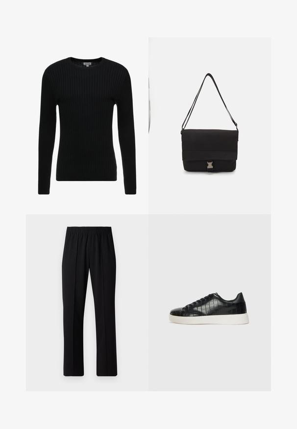 Schwarzer gerippter Langarmpullover mit Rundhalsausschnitt; texturiertes Gewebe mit vertikalen Streifen; figurbetonte Silhouette; keine sichtbaren Verzierungen oder Akzente.; Schwarze, Gummibund-Hosen mit geradem Schnitt, die eine glatte Textur aufweisen und keine sichtbaren Muster oder Beschläge haben.; Schwarze Sneakers mit einer strukturierten, krokodilPrägung aus Leder, runder Zehenpartie und einer kontrastierenden weißen Gummisohle mit glatter Oberfläche.; Schwarze Umhängetasche aus glattem Material, mit einem umklappbaren Deckel, silbernem Verschluss und verstellbarem Schultergurt.