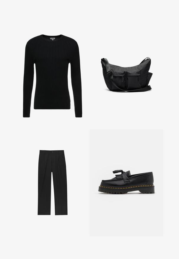 Črna rebrasta dolgoslena majica s krožnim izrezom; teksturirana tkanina z navpičnimi črtami; oprijet silhueta; brez vidnih okraskov ali detajlov.; Črne hlače z ravnim krojem, narejene iz gladkega materiala. Imajo sprednje gube in enojno zaponko na pasu.; Črne usnjene loafersice s kaširanim naglasom, z debelim črnim podplatom in rumenim šivom ob robu. Teksturirana površina.; Črna torba za ramena s ukrivljeno obliko, ki vsebuje dve sprednji žepki na zadrgo in širok nastavljiv trak. Preprost in funkcionalen dizajn.; Zlat prstan z gladko, sijočo obdelavo in izrezljanim križem. Okrogla oblika, minimalističen slog in vgravirane oznake znotraj.