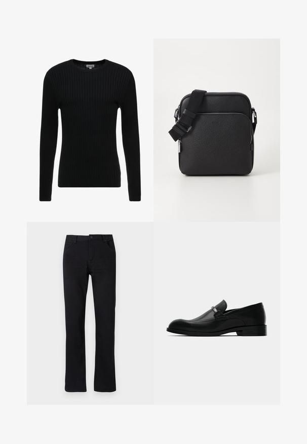 Czarny, żebrowany sweter z długim rękawem i okrągłym dekoltem; fakturowana tkanina z pionowymi liniami; dopasowany krój; brak widocznych ozdób lub akcentów.; Czarne dżinsy proste z denimu. Posiadają zamek błyskawiczny, pięć kieszeni i subtelne przeszycia. Płaski pas z pętlami na pasek.; Czarne męskie loafersy ze skóry z metalowym zapięciem, niskim obcasem i markową podeszwą, pokazane z boku na białym tle.; Czarna skórzana torba crossbody o teksturowanej powierzchni, z przednią kieszenią na zamek, regulowanym paskiem i metalowymi akcentami.