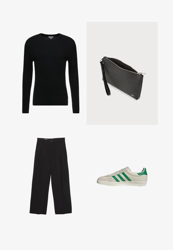 Schwarzer gerippter Langarmpullover mit Rundhalsausschnitt; texturiertes Gewebe mit vertikalen Streifen; figurbetonte Silhouette; keine sichtbaren Verzierungen oder Akzente.; Schwarze weit geschnittene Hose aus glattem Stoff, mit flachem Taillenbund, vorderen Falten und einer einzigen Knopfverschlus.; Beige Sneaker mit grünen Streifen, ausgestattet mit einer weißen Sohle und einem Obermaterial aus glattem Leder. Seitenansicht, die die Schnürdetails und das Logo hervorhebt.; Schwarze Clutch aus strukturiertem Leder mit glatten Akzenten, einem oberen Reißverschluss und einem abnehmbaren Handgelenkriemen. Kompaktes rechteckiges Design, minimale Markenkennzeichnung.