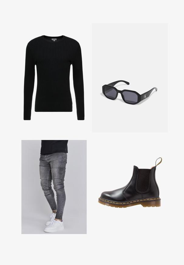 Mustaa ribbikamppua pitkähihaisessa neulepaidassa, jossa on pyöreä kaula-aukko; teksturoitu kangas, jossa on pystysuorat viivat; tiukka siluetti; ei näkyviä koristeluja tai yksityiskohtia.; Kapeat farkut haalistuneessa harmaassa denimmateriaalissa, joissa on kuluneet yksityiskohdat polvissa, yhdistettyinä valkoisiin lenkkareihin. Suora pinta, kapea leikkaus.; Musta nahkainen Chelsea-tossu joustavilla sivupaneeleilla, keltaisilla ompeleilla ja teksturoidulla kumipohjalla. Varustettu vetotabilla helppoa pukemista varten.; Mustat aurinkolasit, joissa on oktaalinen kehys, tummat linssit, kiiltävää muovimateriaalia ja hopeinen logoasetelma toisella puolella.; Harmaa ruostumaton teräs rannekello, jossa on tummansininen kellotaulu, metalliset tuntimerkit ja päivämääränäyttö kello 3:ssa. Vesitiivis 50 metriin asti.