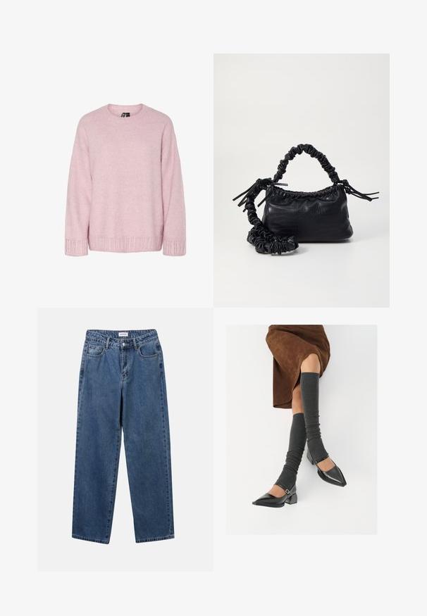 Jasnoróżowy sweter z dzianiny z okrągłym dekoltem, luźnym krojem i prążkowanymi akcentami na mankietach i dole. Miękka tekstura z subtelnym wzorem.; Klasyczne niebieskie dżinsy o prostym kroju, pięć kieszeni i zapięcie na guzik. Charakteryzują się średnim odcieniem i solidną teksturą.; Czarne lakierowane buty na szpilce z prostokątnym obcasem i paskiem na kostce, zestawione z szarymi prążkowanymi ocieplaczami na nogi oraz brązową zamszową spódnicą.; Czarna torebka z syntetycznej skóry o teksturze krokodyla, z zaciąganym górnym zamknięciem i marszczonym paskiem. Wygląda na miękką i zwartą w designie.